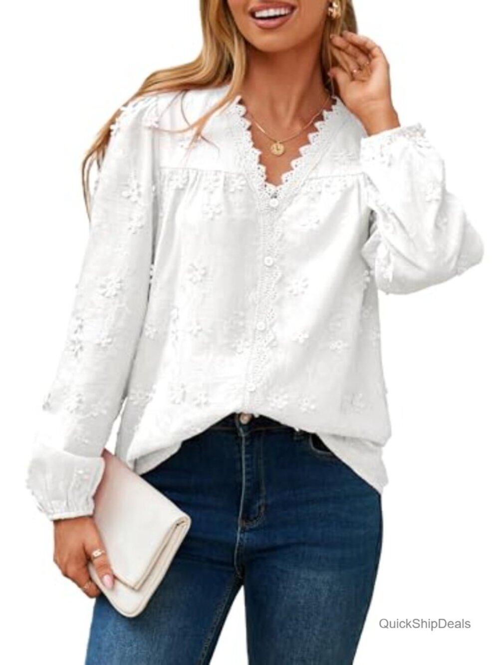 Women's V Neck Button Down Lace Embroidered Blouse